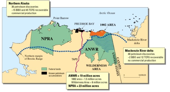 Map of northern Alaska and nearby parts of Canada showing locations of the Arctic National Wildlife Refuge (ANWR), the 1002 area, and the National Petroleum Reserve—Alaska (NPRA). Locations of known petroleum accumulations and the Trans-Alaska Pipeline System (TAPS) are shown, as well as summaries of known petroleum volumes in northern Alaska and the Mackenzie River delta of Canada. BBO, billion barrels of oil (includes cumulative production plus recoverable resources); TCFG, trillion cubic feet of gas recoverable resources.